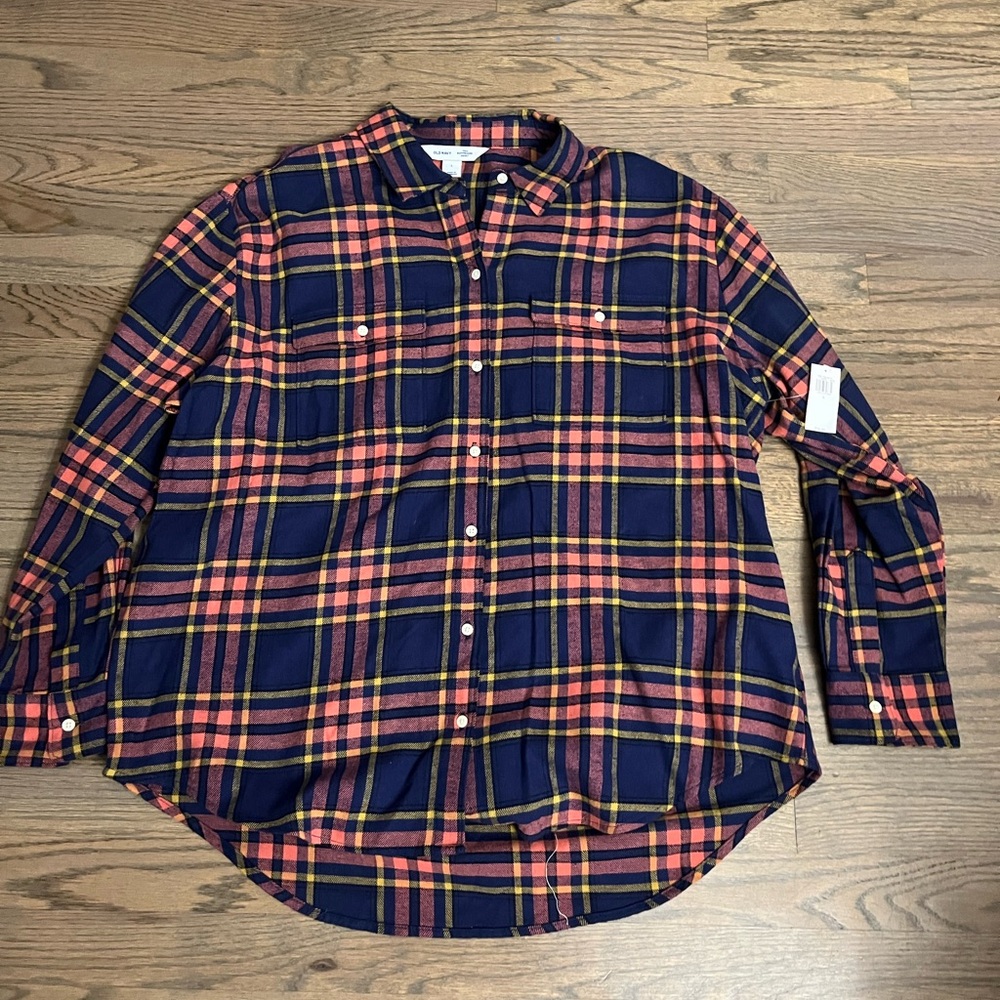 NWT OLD NAVY NAVY AND PINK PLAID FLANNEL SHIRT - SIZE L